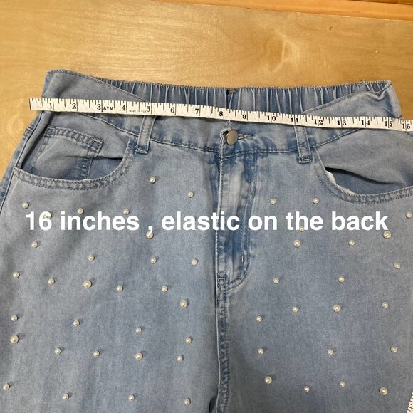 Light Blue Pearl Embellished Wide Leg High Rise Chunky L Women's Jeans - Picture 4 of 9